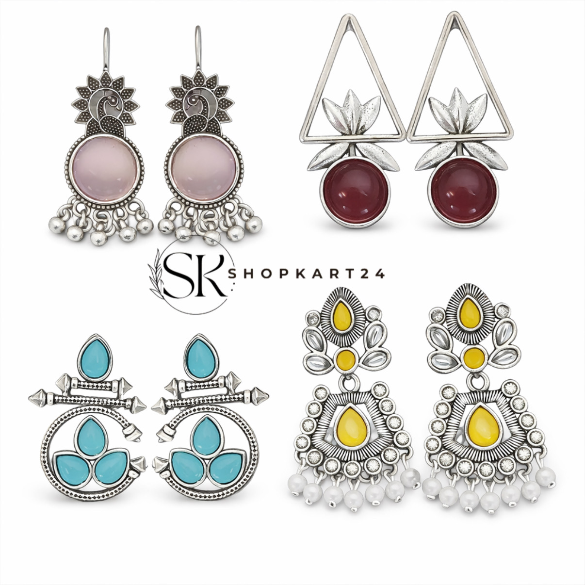 4 Pair Earrings Combo Set – Stylish Oxidised & Contemporary Statement Earrings for Women | Shopkart24